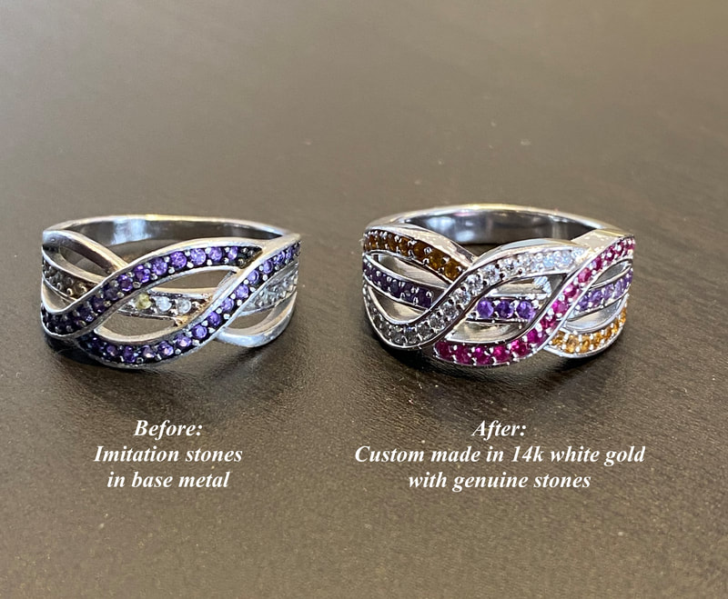 
Costume jewelry remade using genuine stones in 14k white gold.